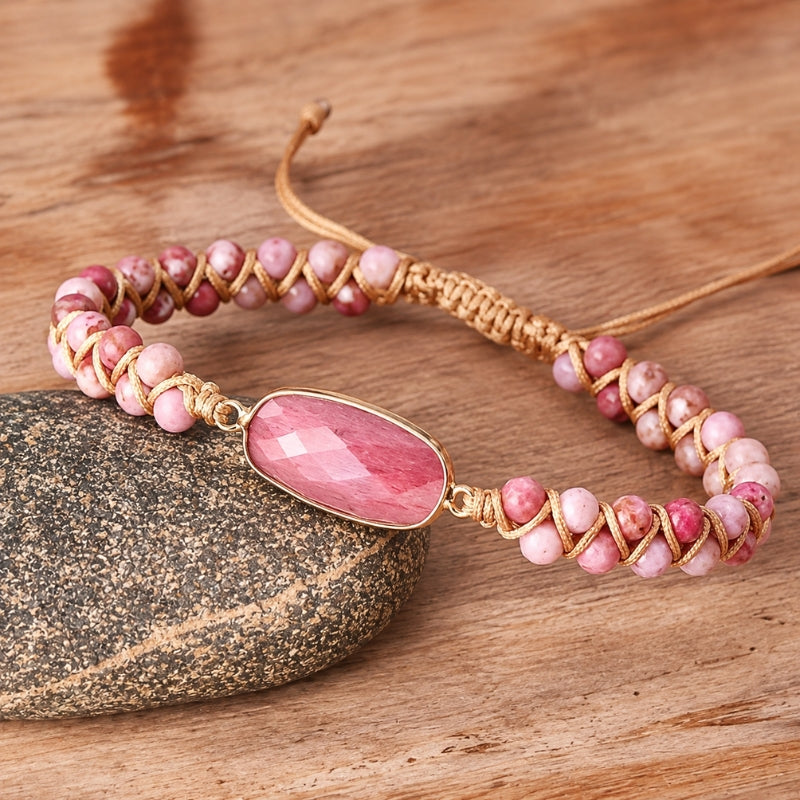 Faceted Pink Stone Beaded Bracelet with Cord Closure — main image