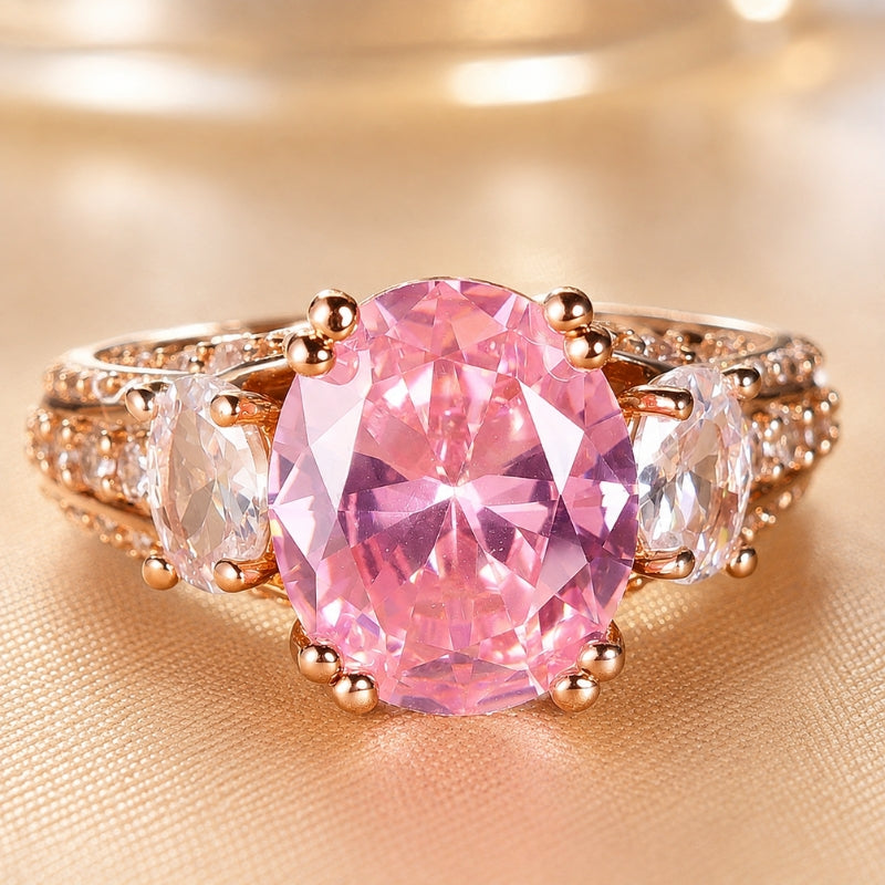 Oval Pink Cubic Zirconia Cocktail Ring with Clear Accent Stones — main image