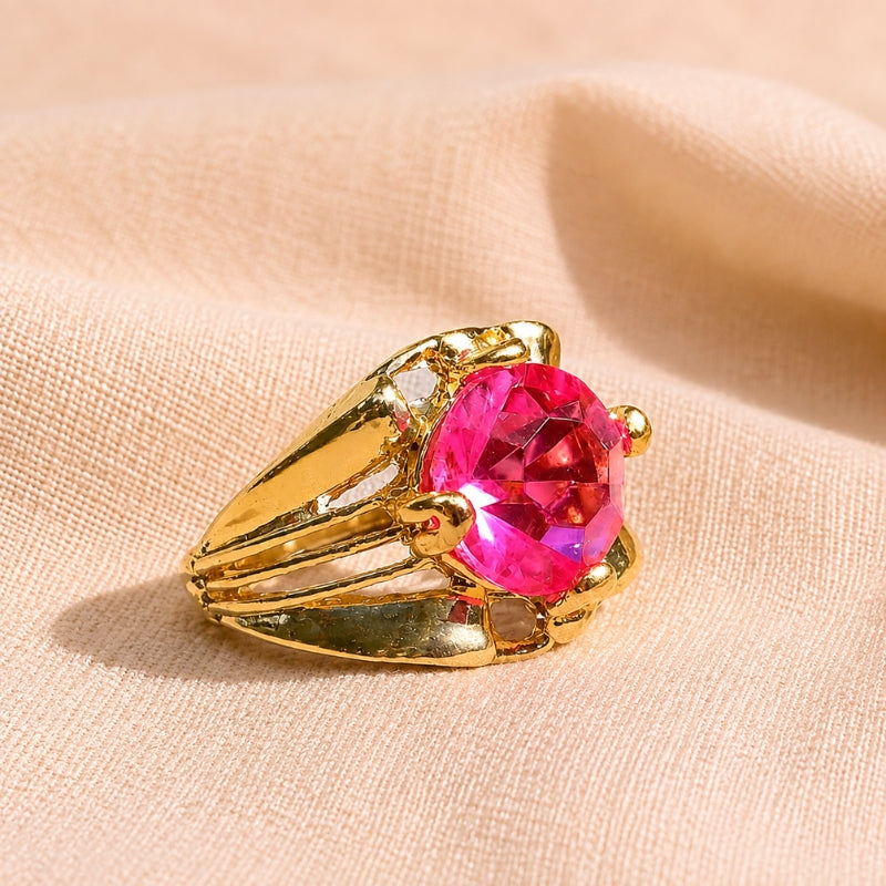 Fuchsia Faceted Stone Cocktail Ring with Wide Gold-Tone Band — main image