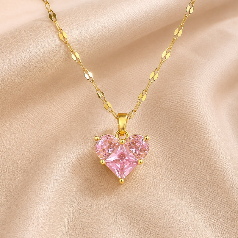 Heart-Shaped Pink Cubic Zirconia Mosaic Pendant Necklace with Gold-Plated Chain — view 2