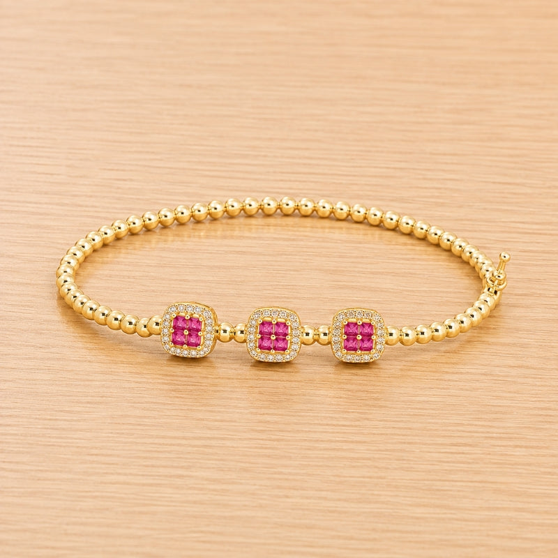 Square-Cut Pink Zirconia Beaded Bracelet with Gold-Tone Accents — main image