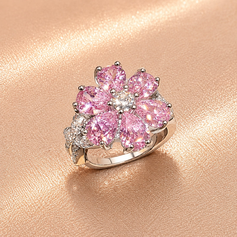Pink Flower Statement Ring with Cubic Zirconia and Platinum-Tone Setting — main image