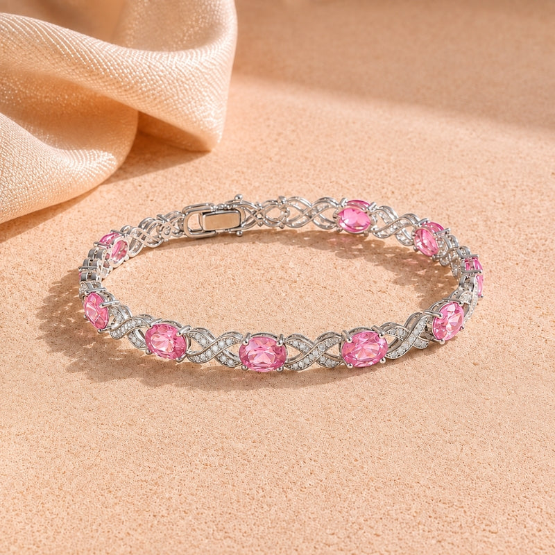 Infinity Link Pink Oval Stone Bracelet with Silver-Tone Setting — main image