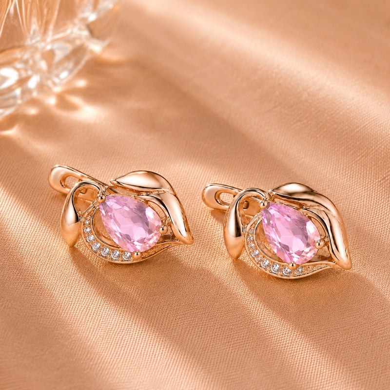 Teardrop Pink Crystal Earrings with Rose Gold Leaf Frame — main image