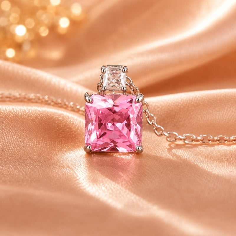 Square-Cut Pink Cubic Zirconia Pendant Necklace with White Accent Stone — main image