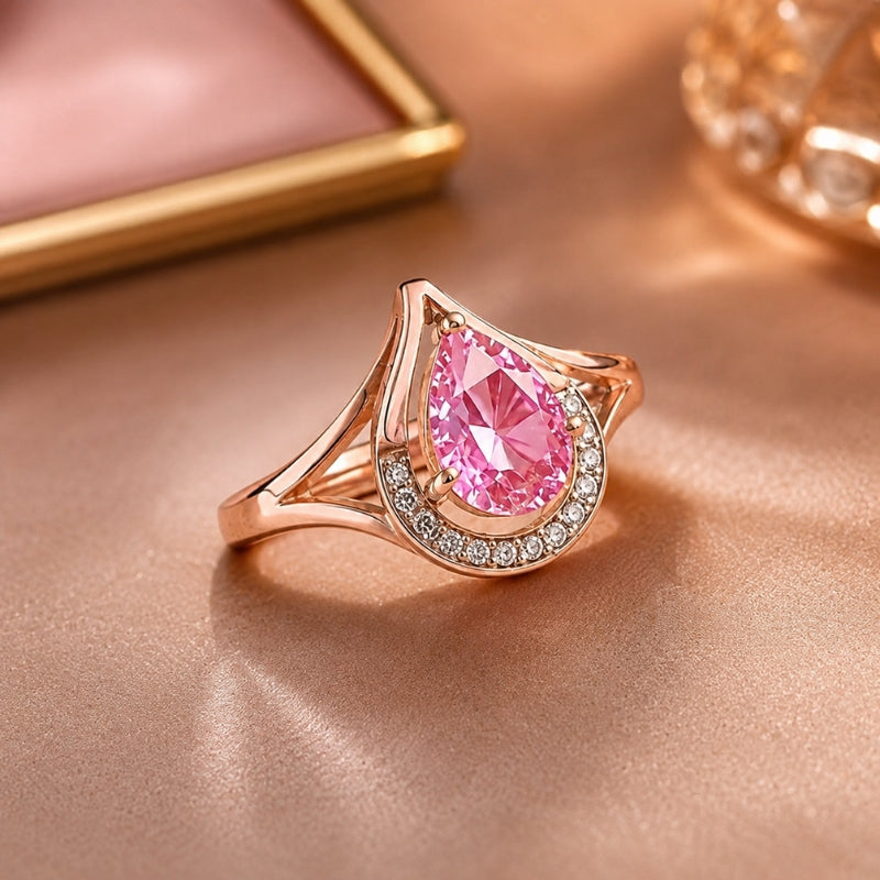 Teardrop Pink Stone Ring with Halo Accents and Rose Gold Tone Split Shank Band — main image