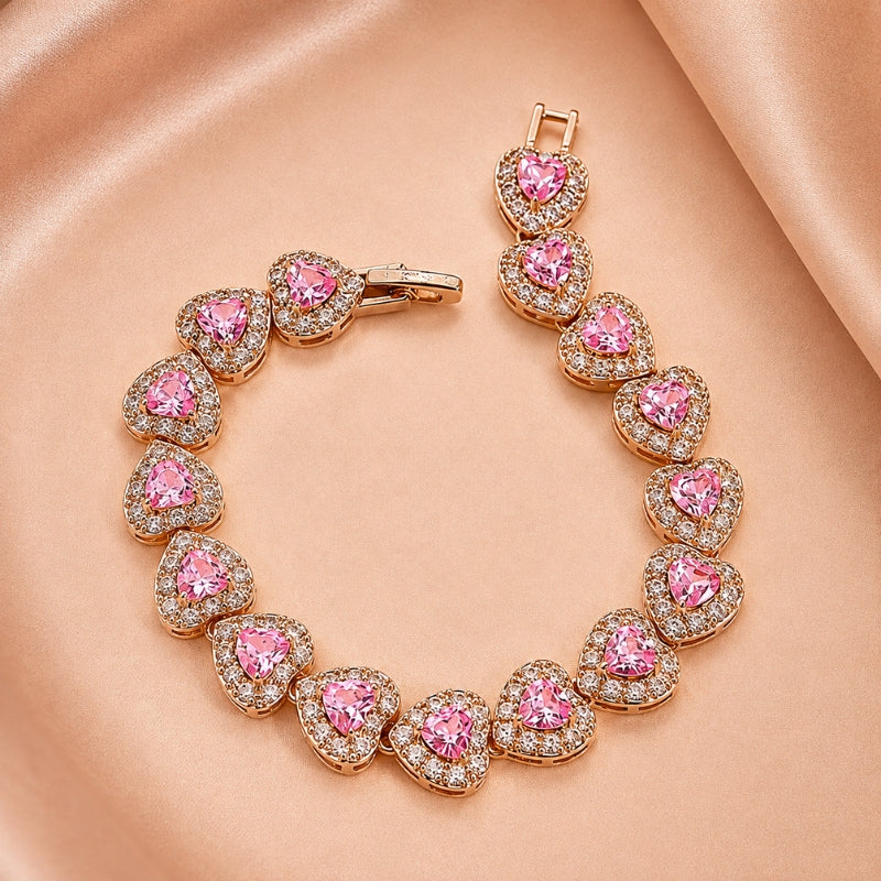 Heart-Shaped Pink Stone Charm Bracelet with Halo Detail, Gold Tone — main image