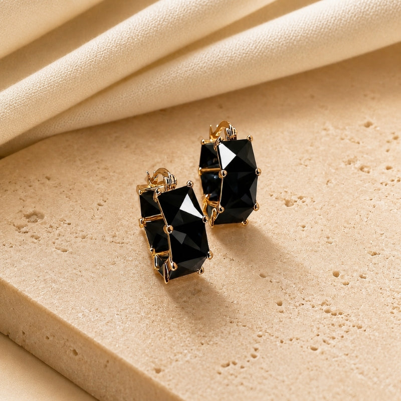 Rectangular Faceted Black Stone Stud Earrings with Gold-Tone Setting — main image