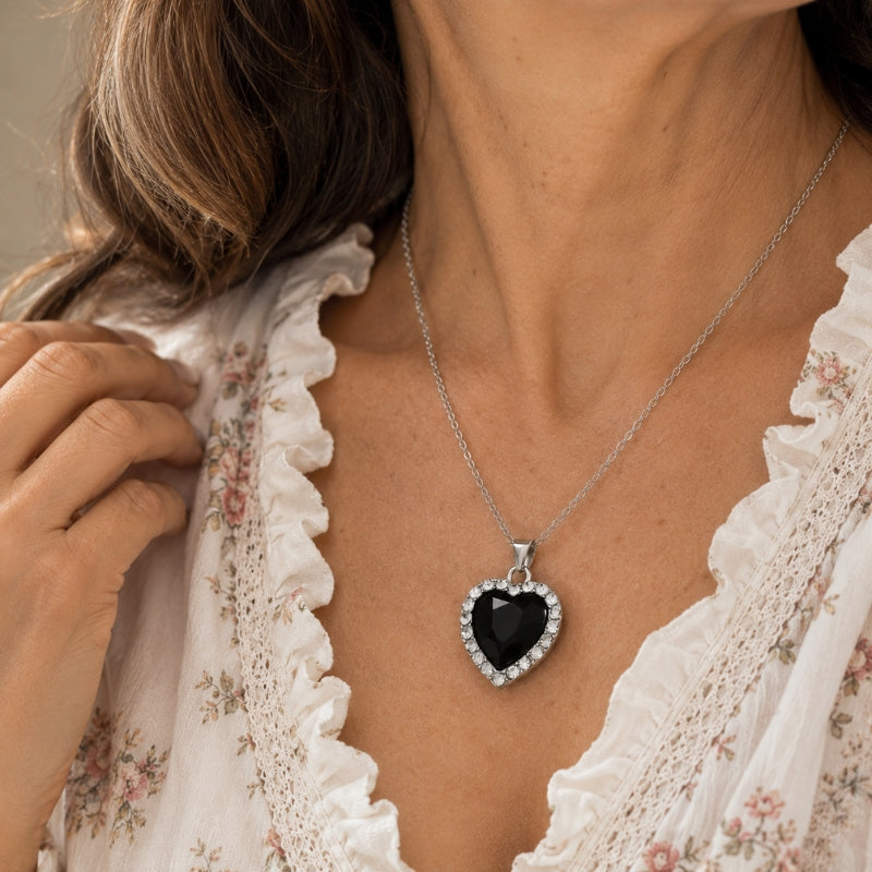 Heart-Shaped Black Crystal Necklace with Crystal Halo — main image