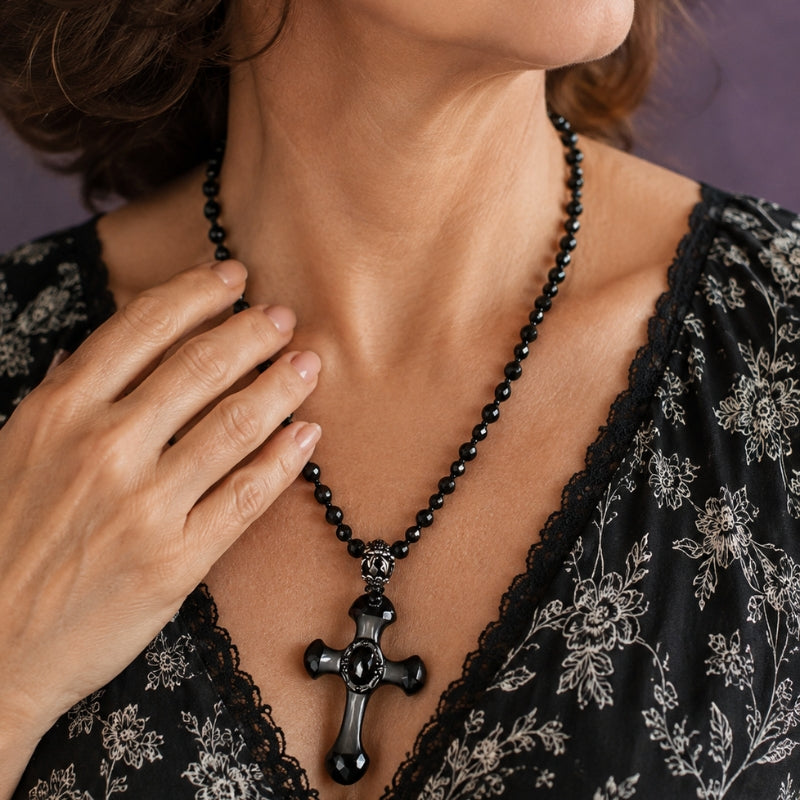 Cross Pendant Black Beaded Necklace with Faceted Stone Accent — main image