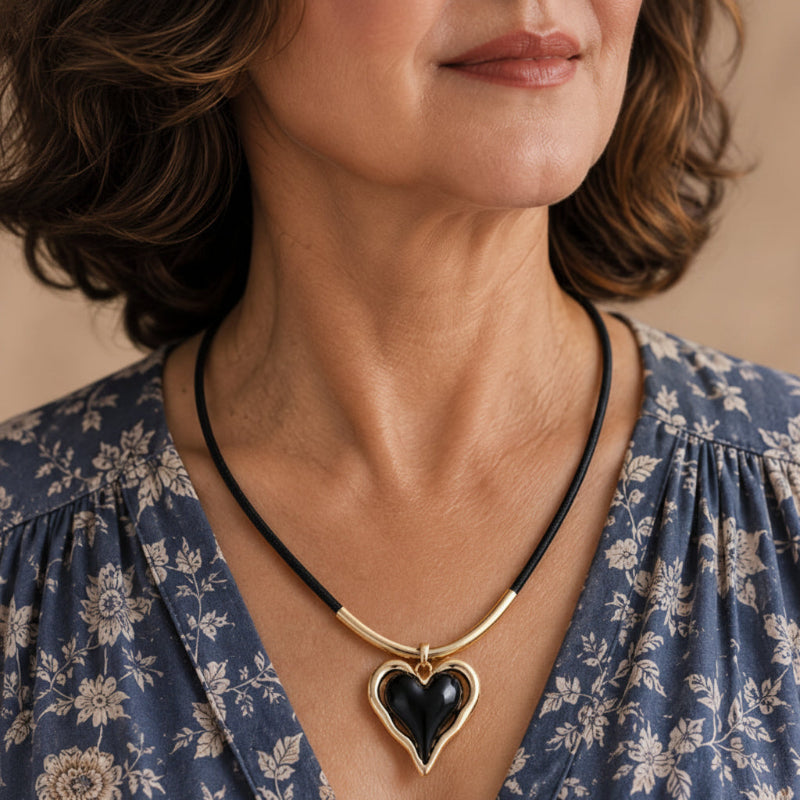 Black Heart Pendant Necklace with Braided Cord and Chain — main image