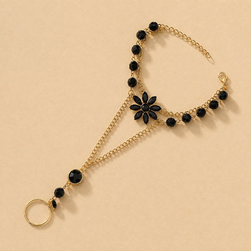 Black Floral Hand Chain Bracelet with Ring Connector — view 2
