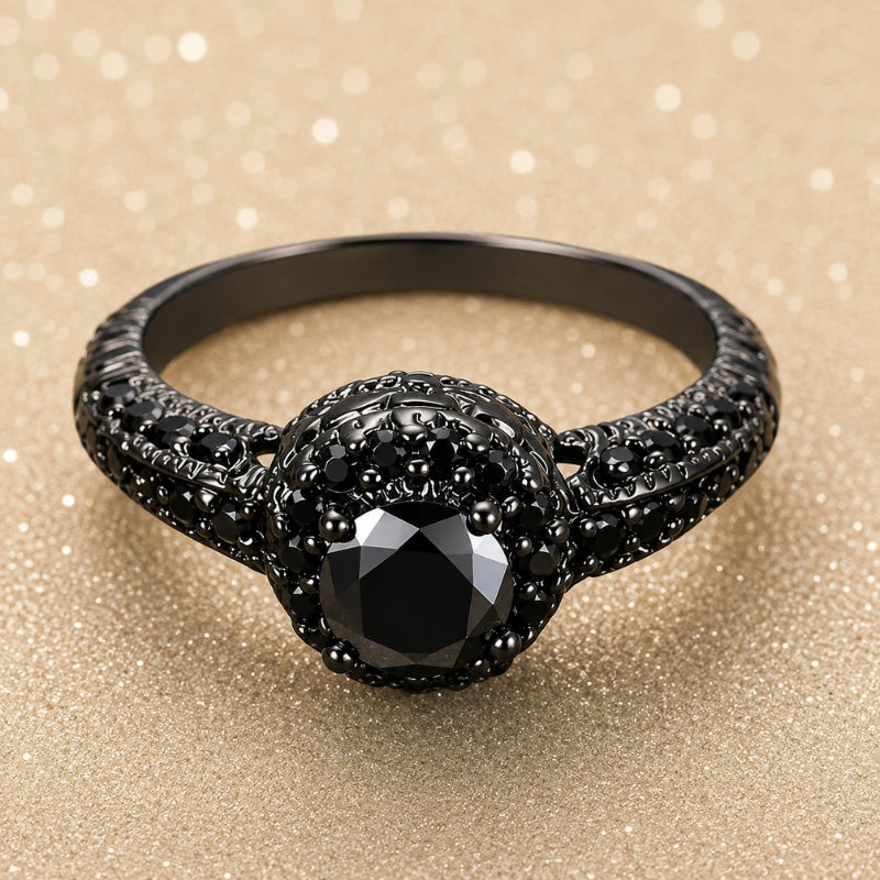 Black Gemstone Cluster Cocktail Ring with Ornate Filigree Band — main image