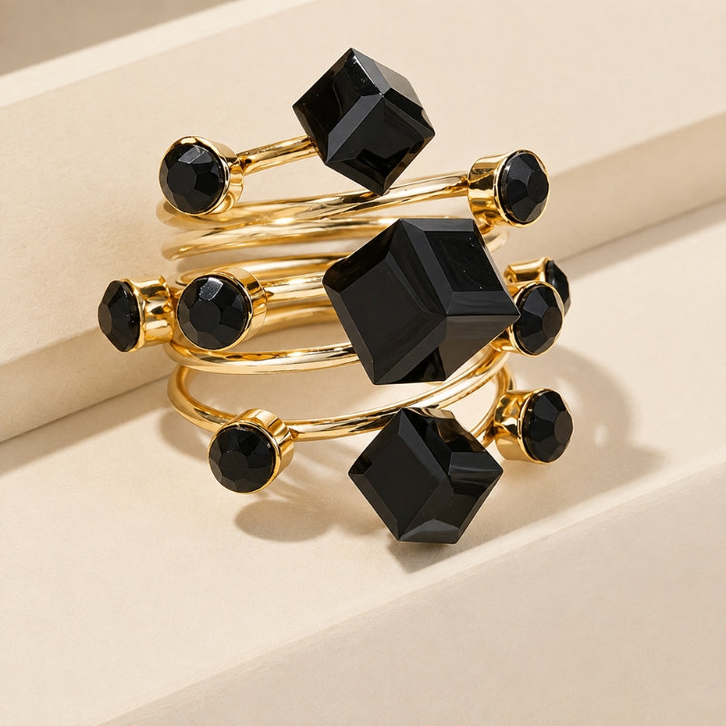 Geometric Black Stone Statement Ring with Gold-Tone Triple Band, Adjustable Size — main image