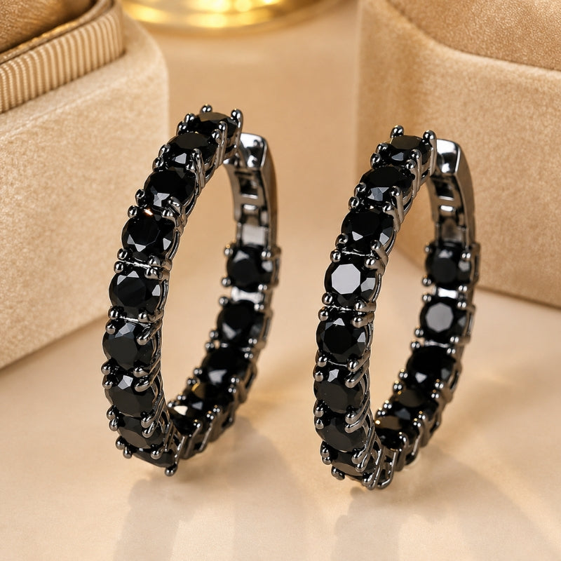 Graduated Black Zirconia Hoop Earrings with Gunmetal Black Finish — main image
