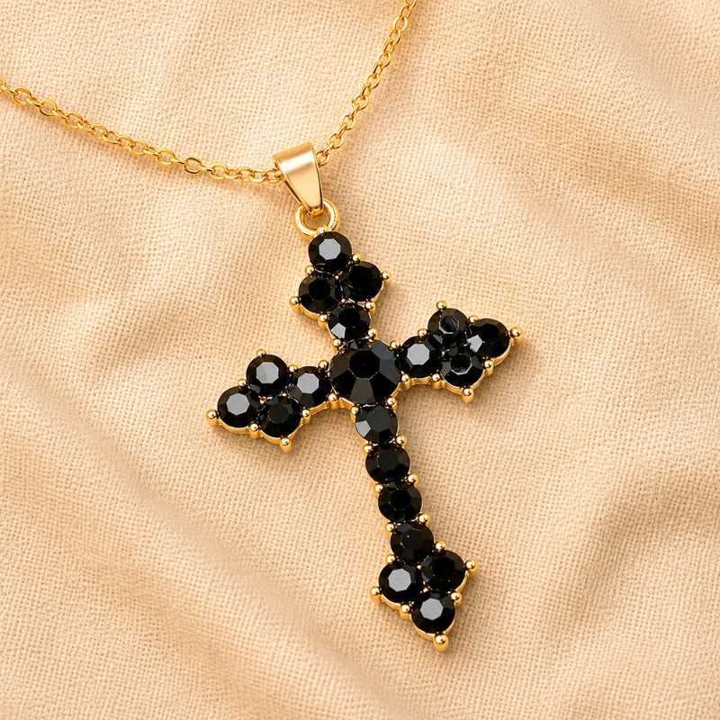 Black Crystal Cross Pendant Necklace with Gold-Tone Cable Chain, Faceted Stone Charm — view 2