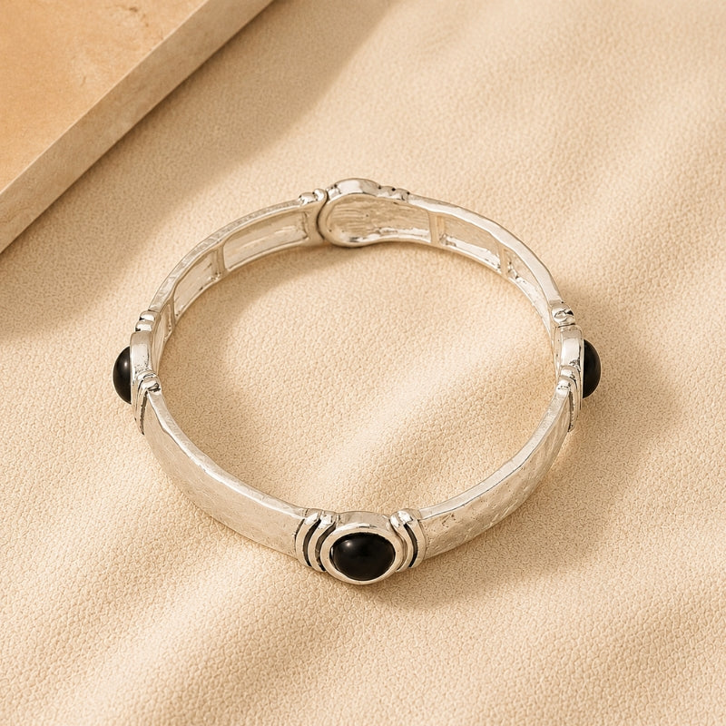 3-Stone Black Bangle Bracelet with Silver-Tone Hinged Clasp — main image