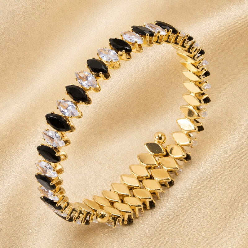 Marquise Zirconia & Black Onyx Tennis Bracelet - Gold-Plated Alternating Stone Design — main image