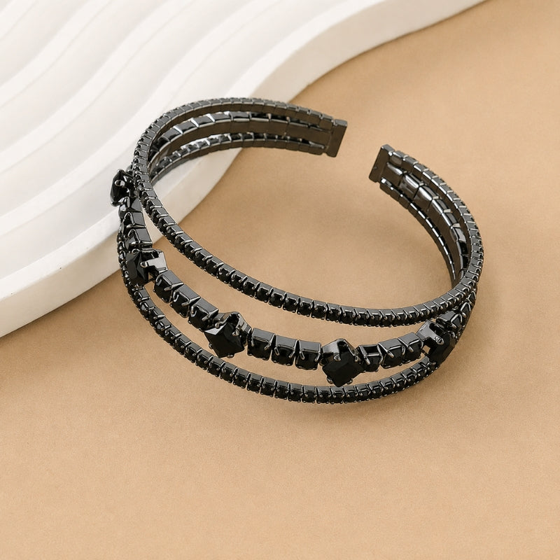 Black Cubic Zirconia Cuff Bracelet, Unplated Copper Multi-Strand Open Design — main image