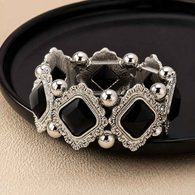 Black Stone Charm Bracelet – Vintage Baroque Filigree Silver-Tone Alloy Design — main image