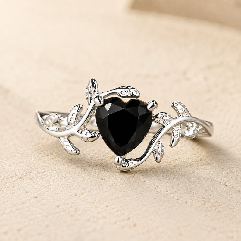 Heart-Cut Black Stone Statement Ring - Ornamental Filigree Band, Three-Prong Setting, Gold-Tone or Silver-Tone — view 2