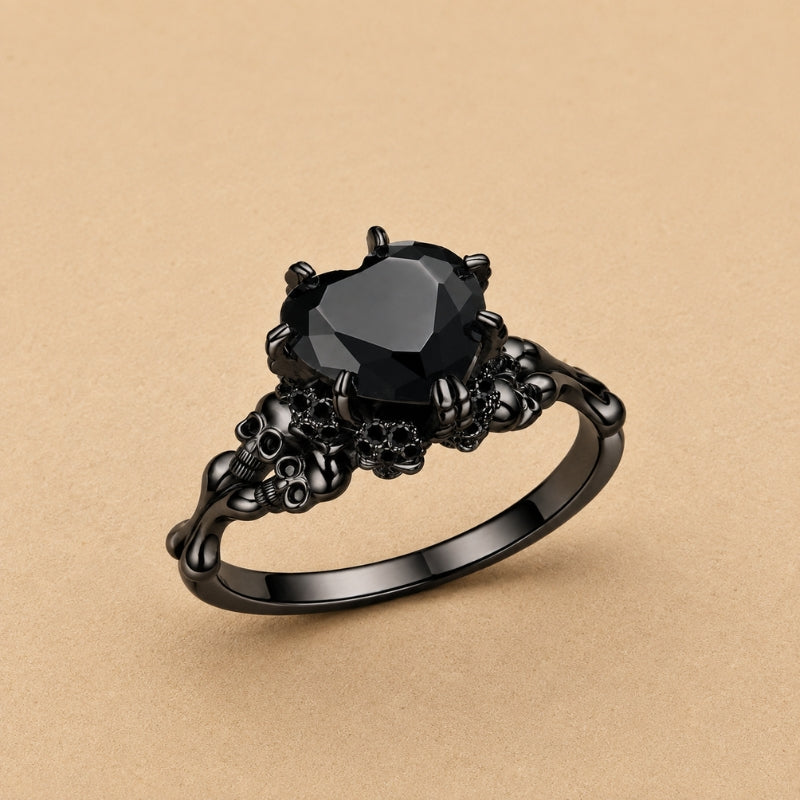 Black Faceted Stone Ring with Vintage Scrollwork Band in Gunmetal Tone — main image