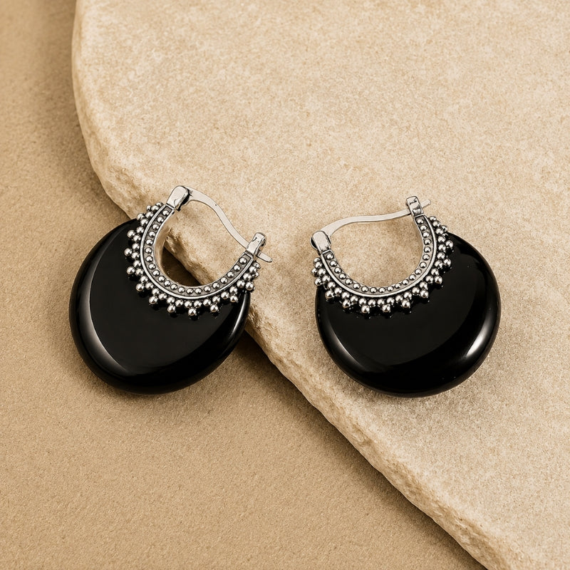 Crescent Black Stone Hoop Earrings with Beaded Silver Frame and Gold-Toned Accents — main image