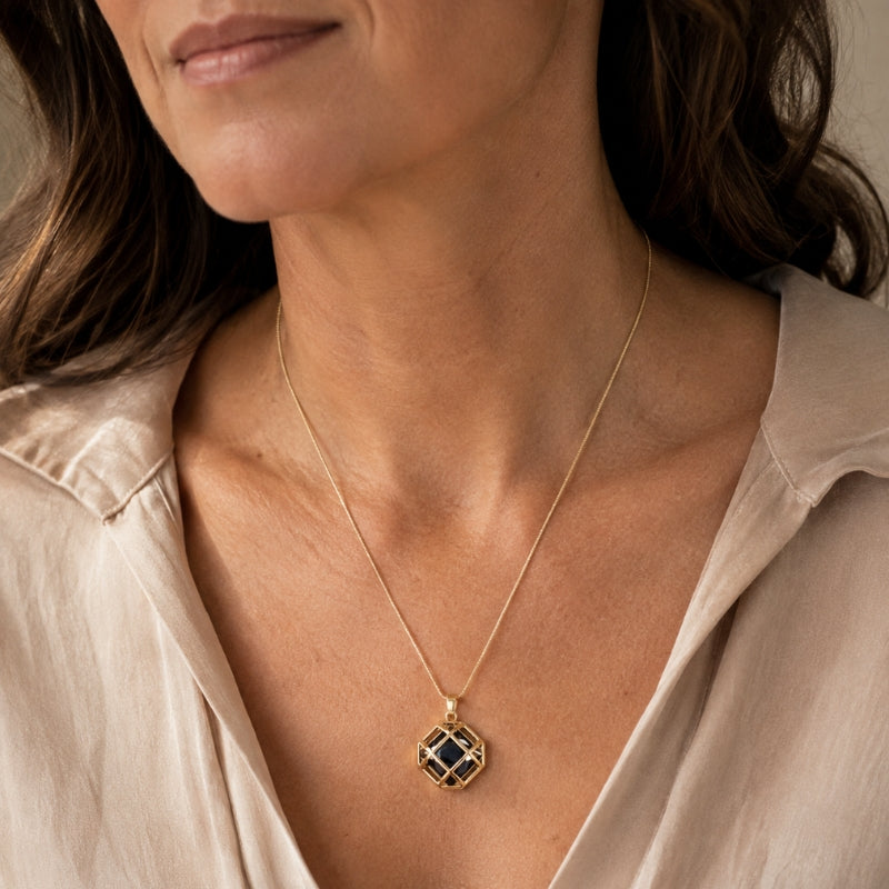 Geometric Black Crystal Pendant Necklace with Snake Chain — main image