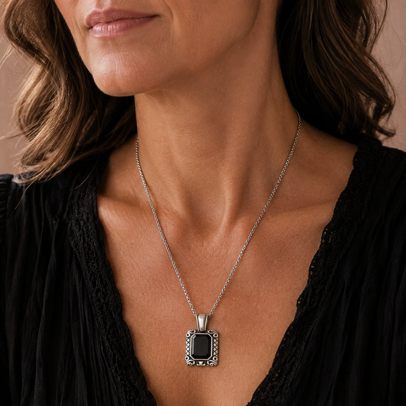 Black Stone Pendant Necklace with Ornate Silver-Tone Scrollwork Frame, Lobster Clasp — main image
