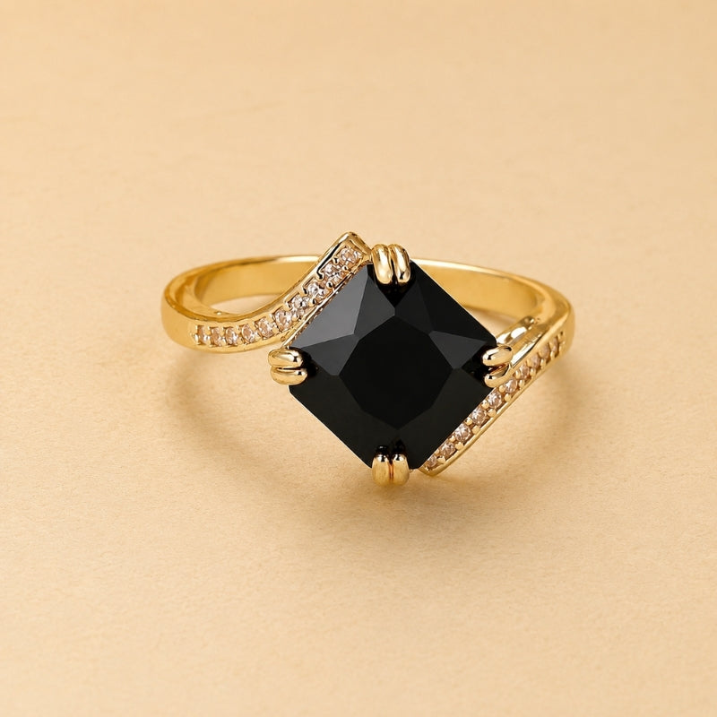 Black Cubic Zirconia Statement Ring, Gold-Toned Pave Band, Cushion-Cut Stone — main image