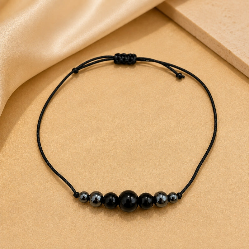 Natural Stone Beaded Bracelet, Adjustable Drawstring, Black & Hematite Accent Beads — main image