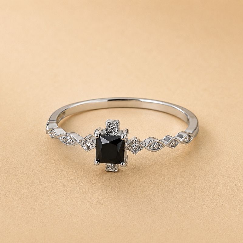 Square Black Stone Ring with Clear Accent Stones and Silver Tone Band — main image