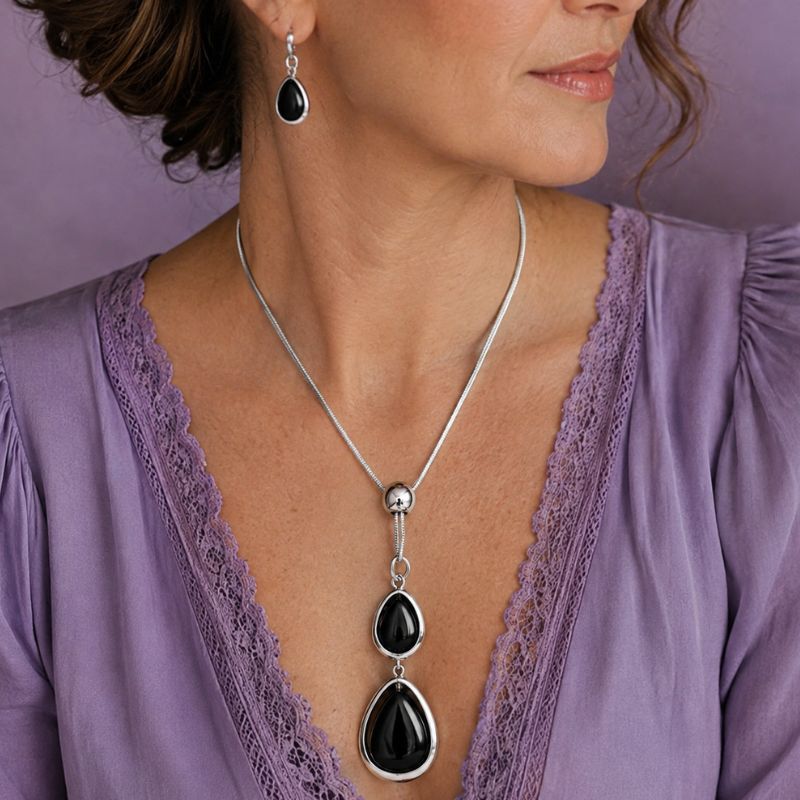 Teardrop Black Stone Pendant Necklace with Two Graduated Drops — main image