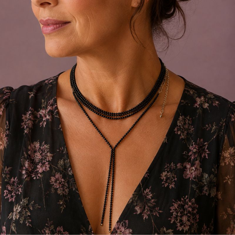 Black Beaded Tassel Necklace with Layered Choker, Adjustable Silver-Tone Chain — main image