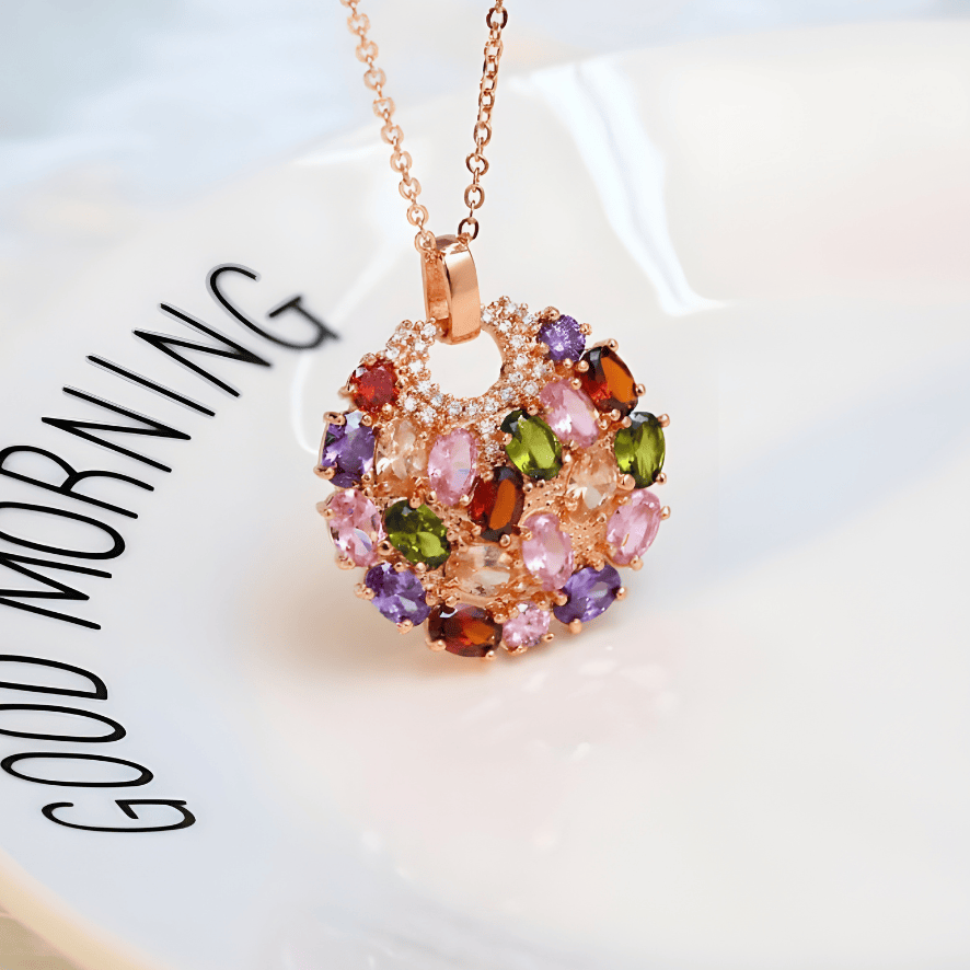 Multicolor Zircon Cluster Pendant Necklace, Rose Gold Tone