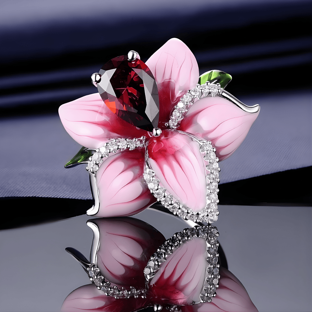 Orchid Flower Statement Ring with Red Stone, Pink Enamel Petals and Silver-Tone Band