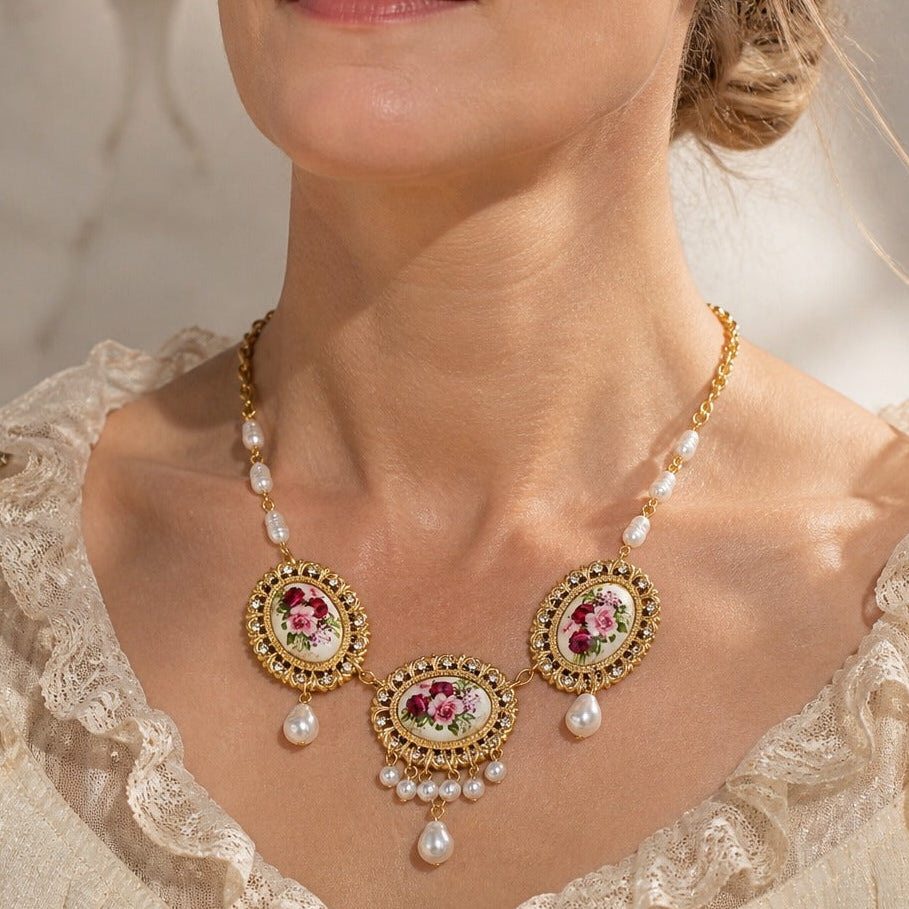 Oval Floral Cameo Pendant Necklace with Pearl Accents in Gold Tone — main image