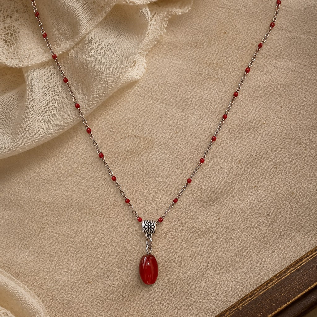 Oval Red Stone Y-Necklace with Hand-Knotted Beads and Antiqued Silver-Tone Chain — view 2