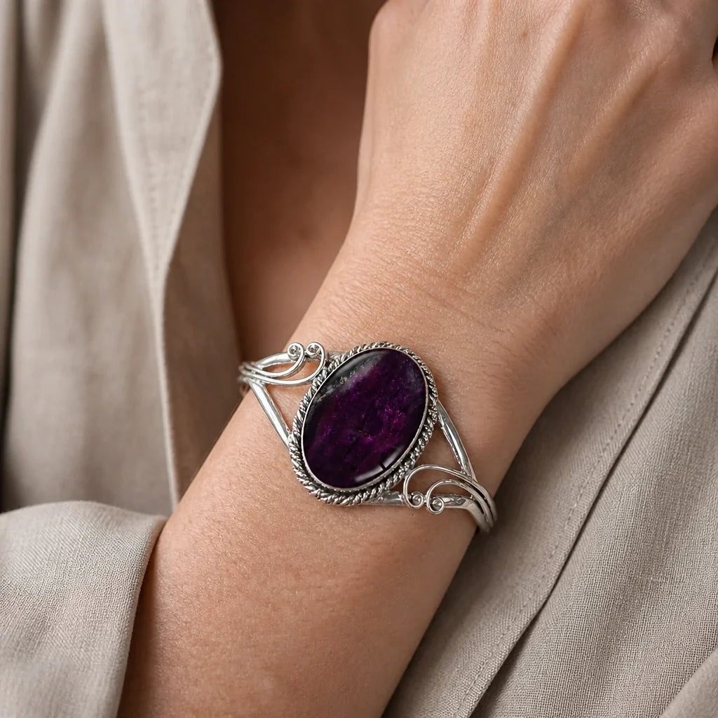 Oval Amethyst Cuff Bracelet with Scrolled Rope-Textured Bezel