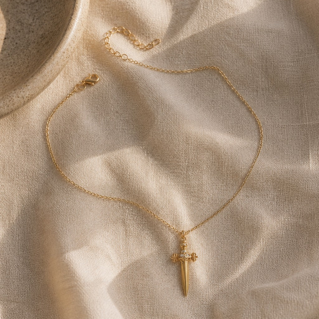 Sword Cross Pendant Necklace with Ornamental Crown Detail in Gold-Tone — view 2