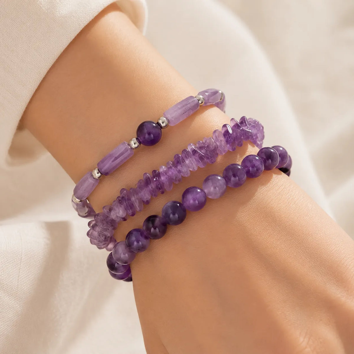 Amethyst Beaded Bracelet Set, 3 Stackable Bracelets with Silver-Tone Accents