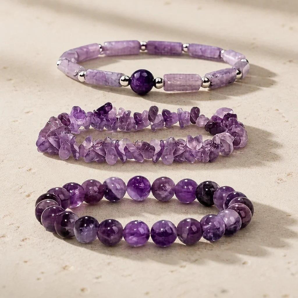 Amethyst Beaded Bracelet Set, 3 Stackable Bracelets with Silver-Tone Accents