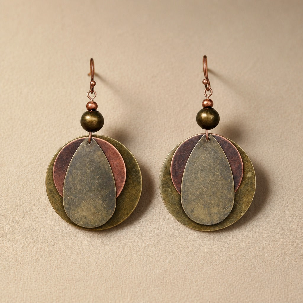 Vintage Boho Layered Teardrop Dangle Earrings with Patina Finish and Bead Accent — main image