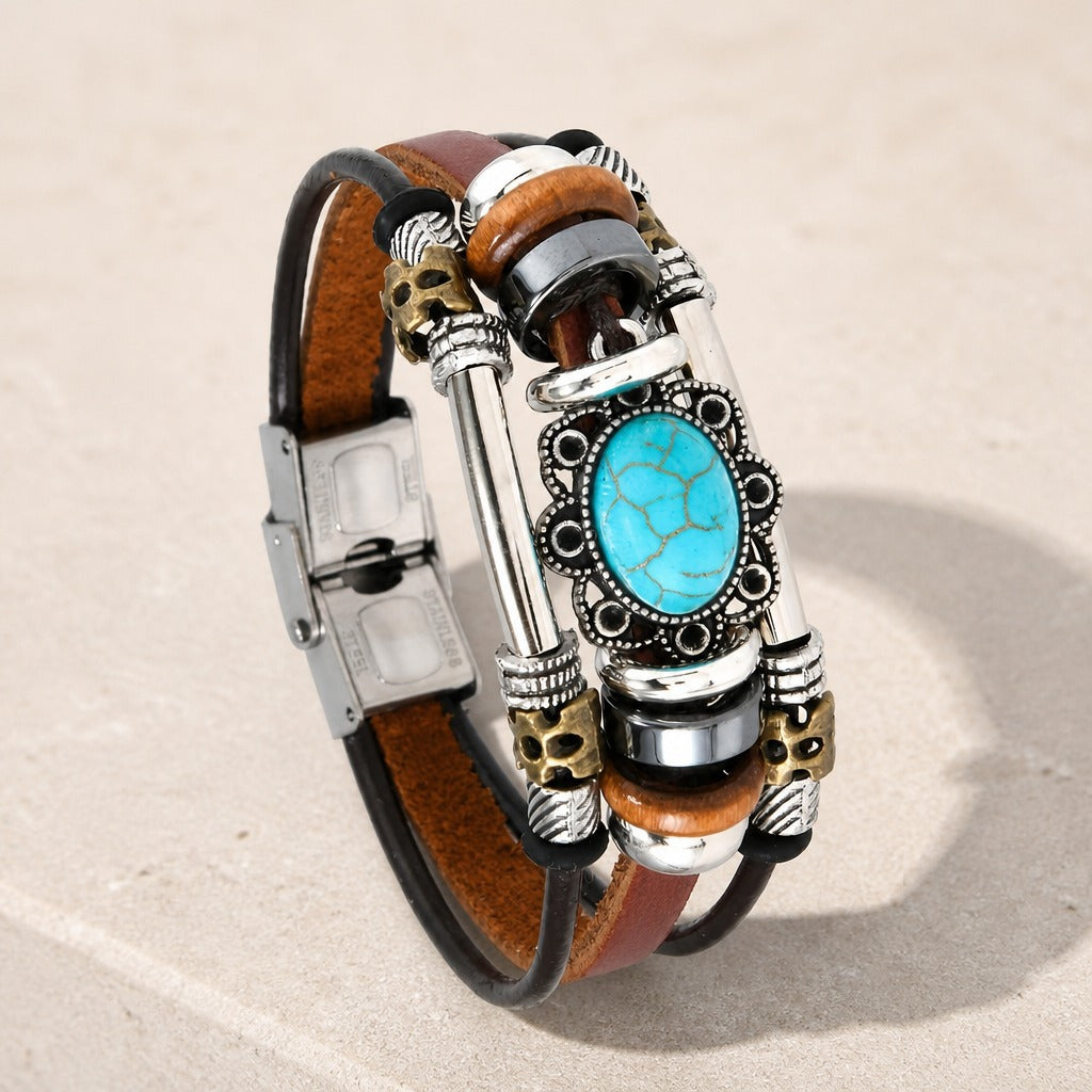 Turquoise Cabochon Leather Cuff Bracelet with Ornate Metal Accents — view 2