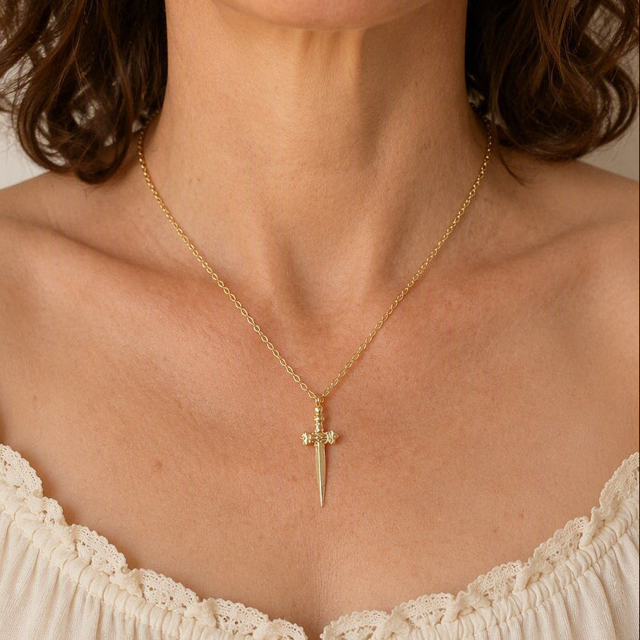 Sword Cross Pendant Necklace with Ornamental Crown Detail in Gold-Tone — main image