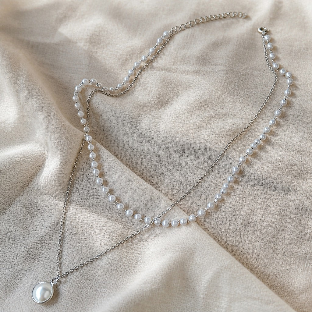 Multi-Strand Pearl Choker Necklace with Round Pendant — view 3