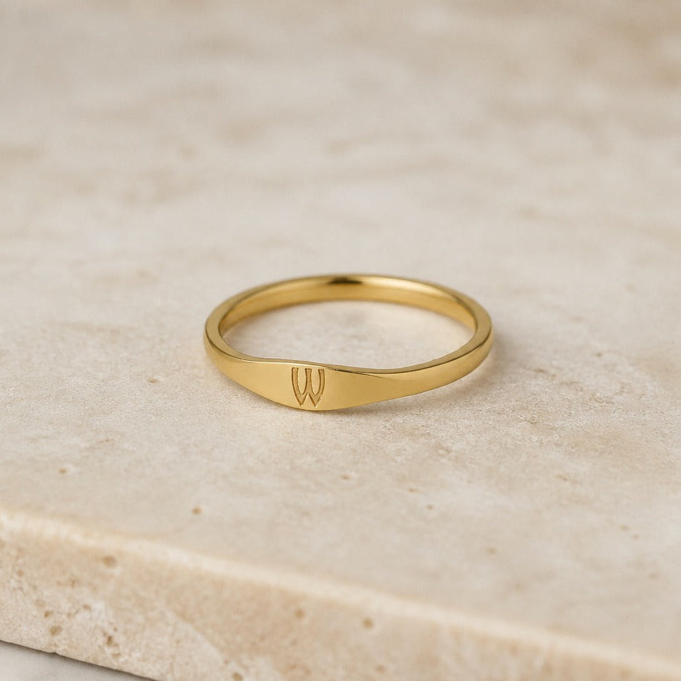 Personalized Initial Letter Signet Ring, Oval Band in Gold Tone — view 23