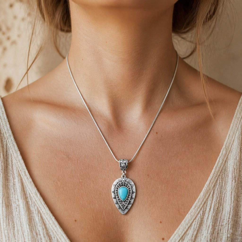 Teardrop Turquoise Pendant Necklace with Etched Silver Detail — main image