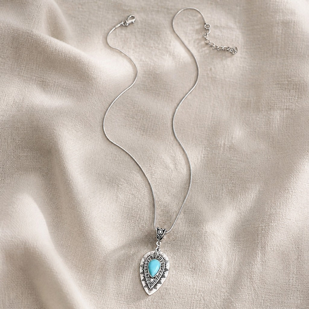 Teardrop Turquoise Pendant Necklace with Etched Silver Detail — view 2