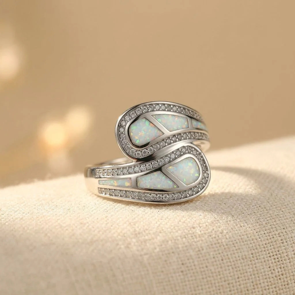 Opal Mosaic Wrap Ring with Silver-Tone Band and Zirconia Accents — main image
